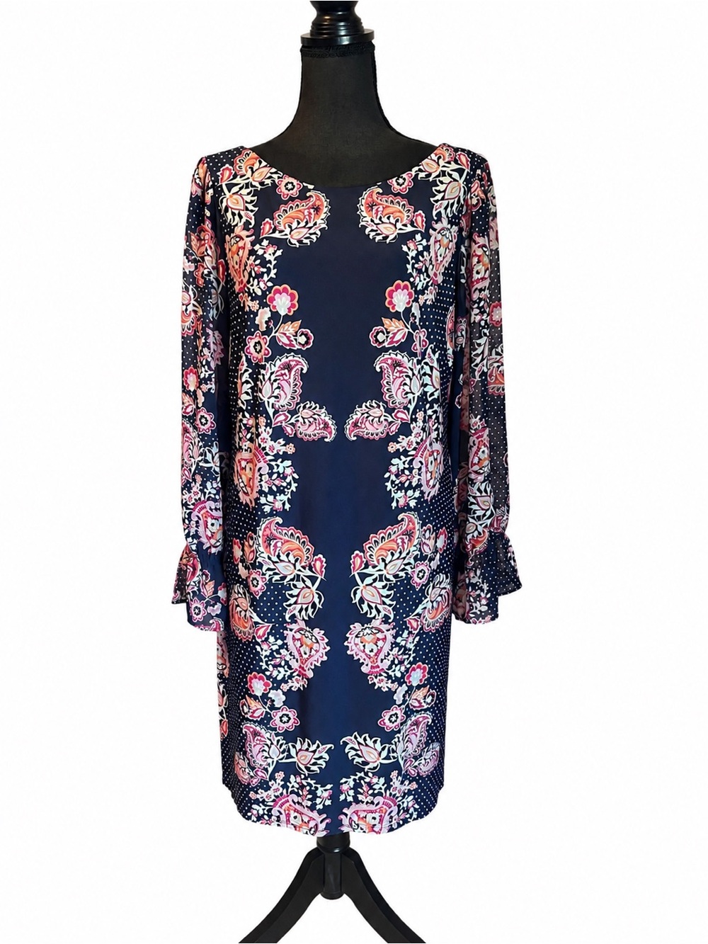 Vince Camuto Navy Floral Paisley Shift Dress Women’s Size 14 Boho Cottage Chic